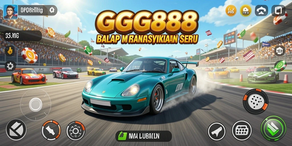 Screenshot gameplay GGG888 yang menunjukkan aksi balapan cepat dan grafis memukau.