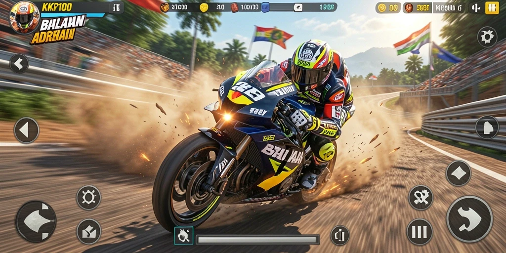 Tampilan gameplay KPK100 yang seru dengan balapan motor yang cepat.