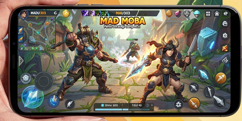 Gameplay seru dalam MADU303 dengan pertempuran tim yang intens.