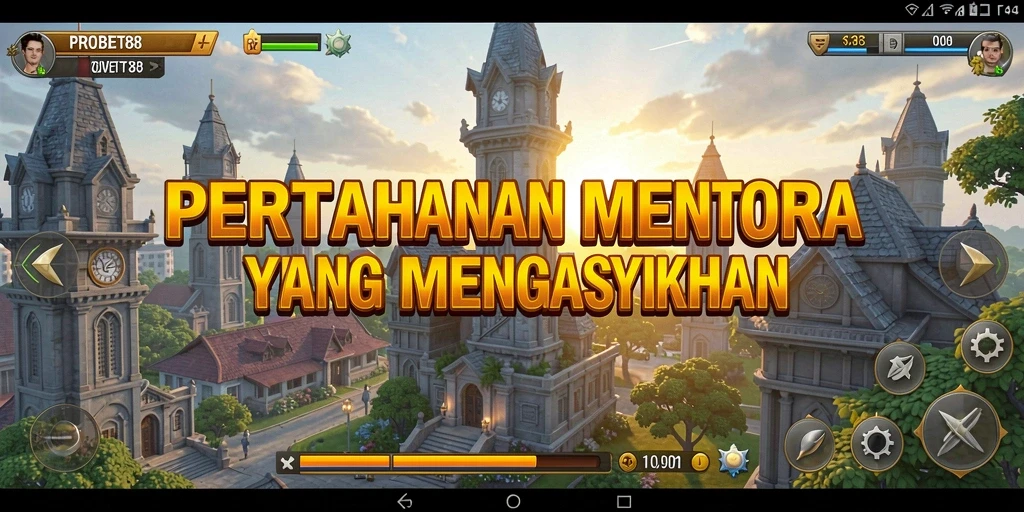 Tampilan gameplay PROBET88 dengan menara pertahanan yang strategis.